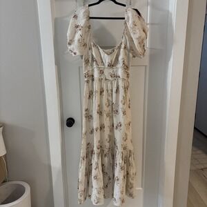 LoveShackFancy Puff Sleeve Maxi Dress Angie Cream Floral Print Linen Size 2
